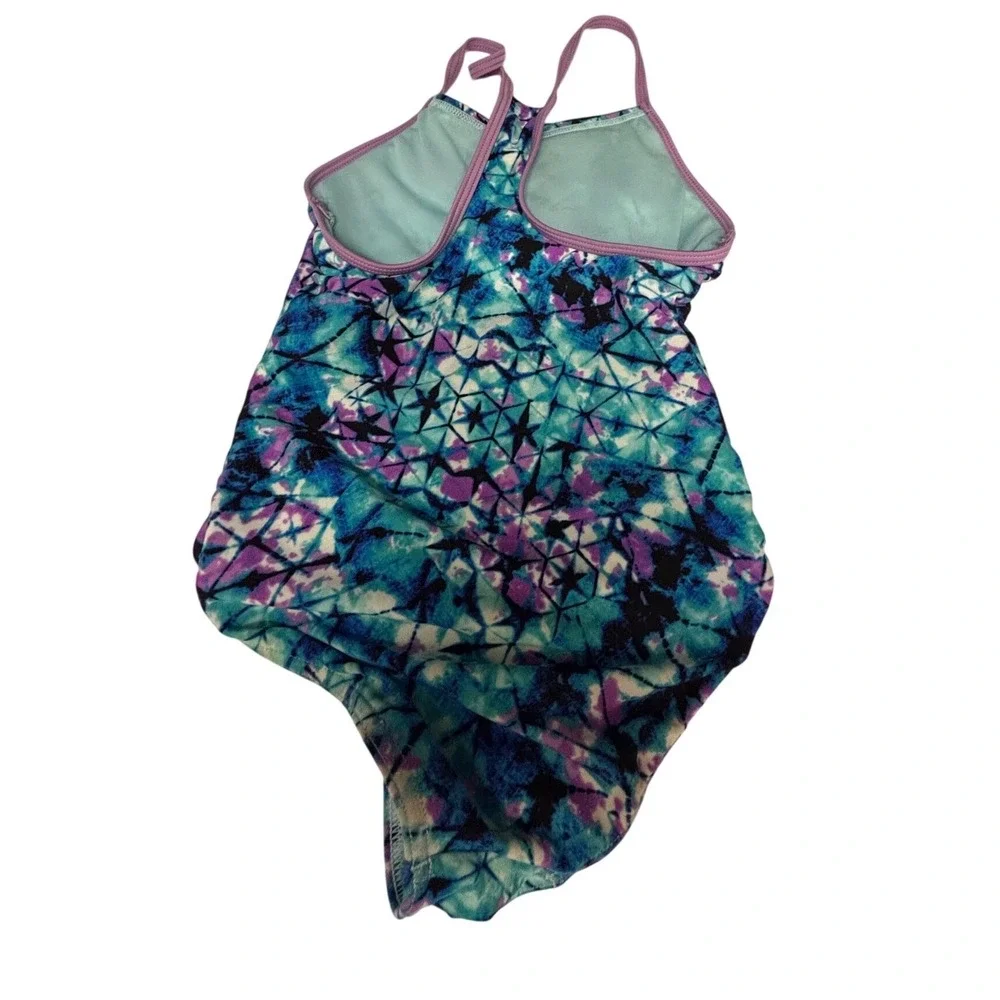 Speedo Girls One Piece Swimsuit Blue Purple Geometric Tie Dye Athletic 6/7